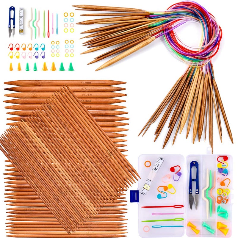 Exquiss Bamboo Knitting Needles Set - 18 Pairs Circular, 75PCS Double Pointed, Crochet Kits Included, Sizes 2mm-10mm, Length 31.5"&7.9" - Image 1